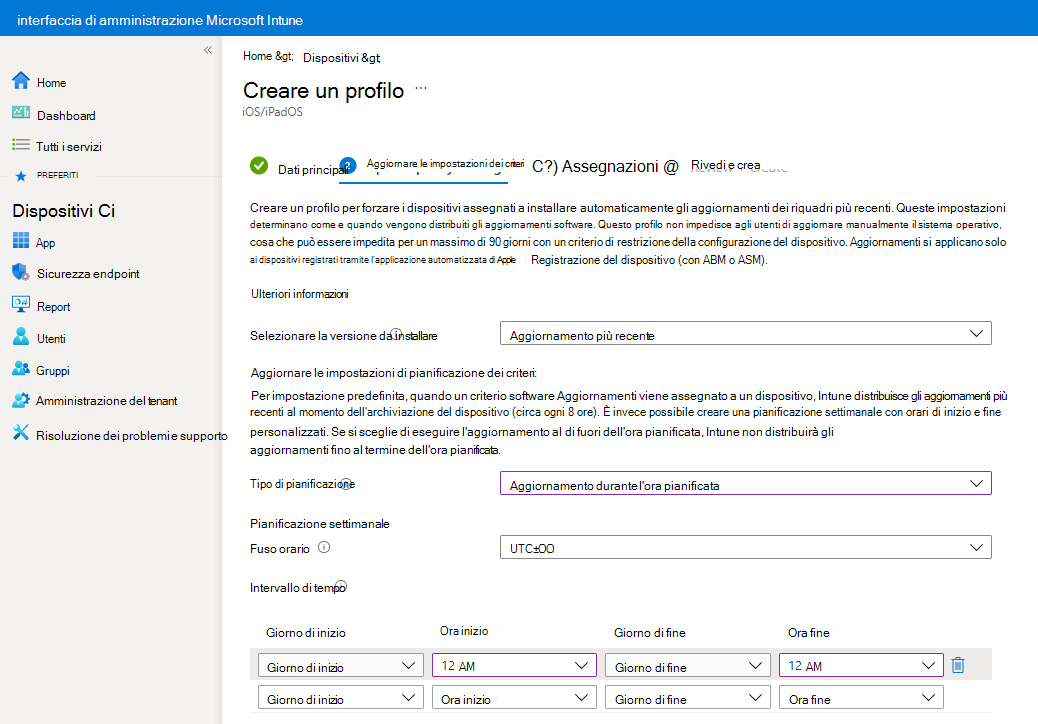 Screenshot che mostra la selezione di installare un aggiornamento durante l'ora pianificata in un criterio di aggiornamento in Microsoft Intune.
