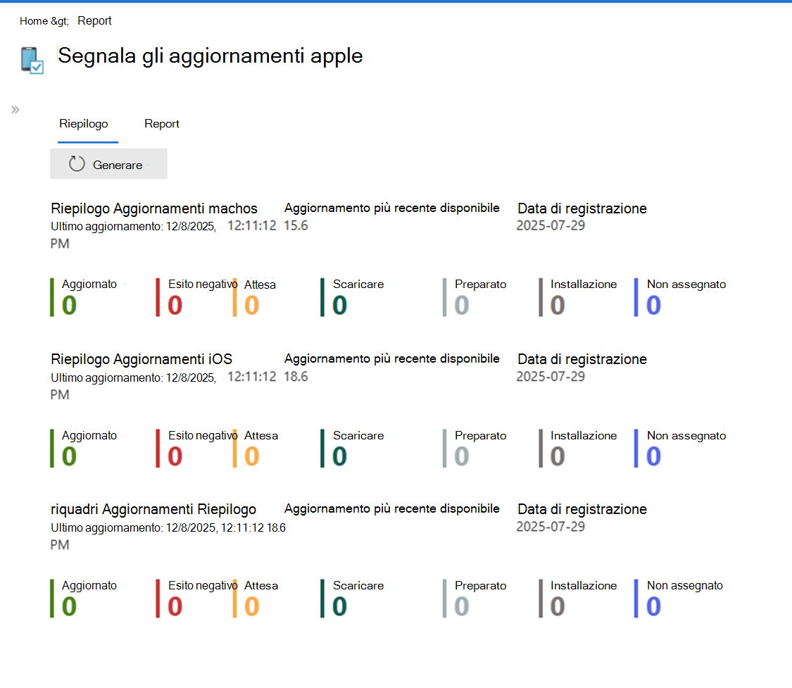 Screenshot che mostra la visualizzazione Riepilogo dell'aggiornamento software Apple.