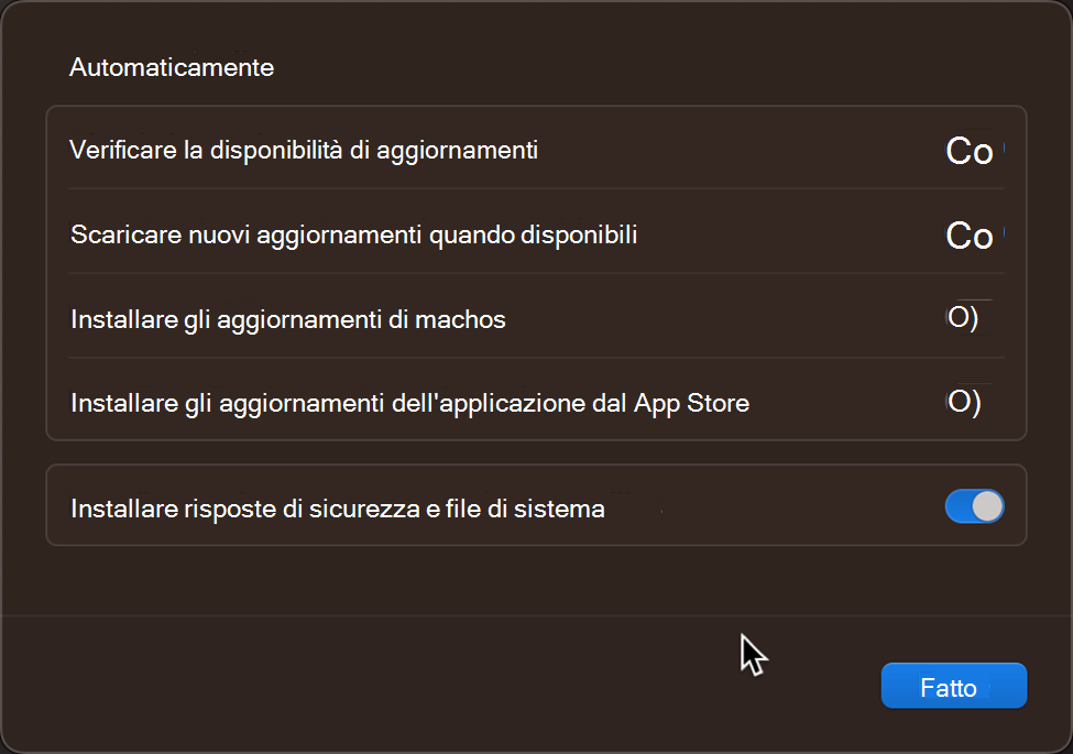 Impostazioni e controlli di aggiornamento predefiniti del sistema operativo in un dispositivo Apple macOS.