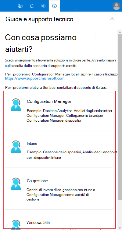Screenshot che mostra i servizi di supporto e guida disponibili nella sottoscrizione nell'interfaccia di amministrazione Microsoft Intune.