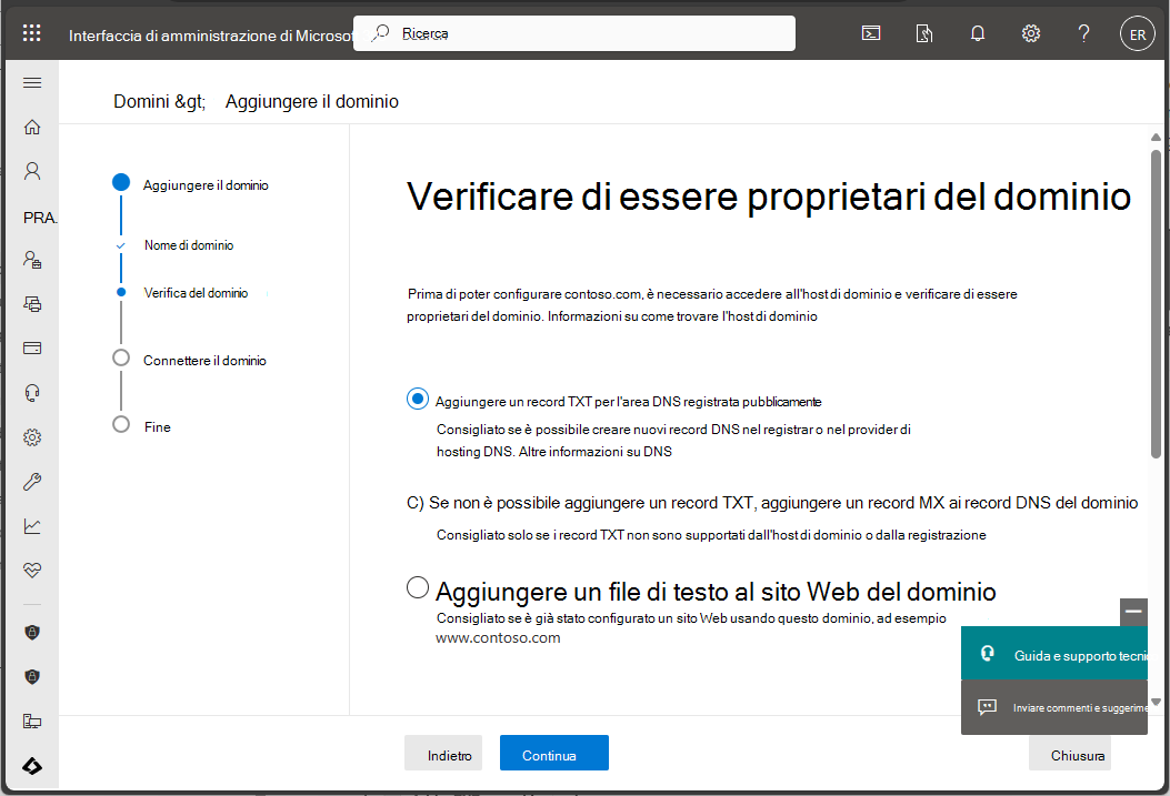 Screenshot of Microsoft 365 admin center - Verify domain ownership.