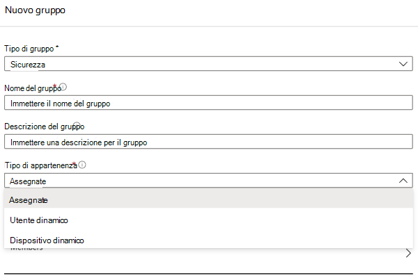 Screenshot che mostra il riquadro Nuovo gruppo da Entra all'interno dell'interfaccia di amministrazione Intune.