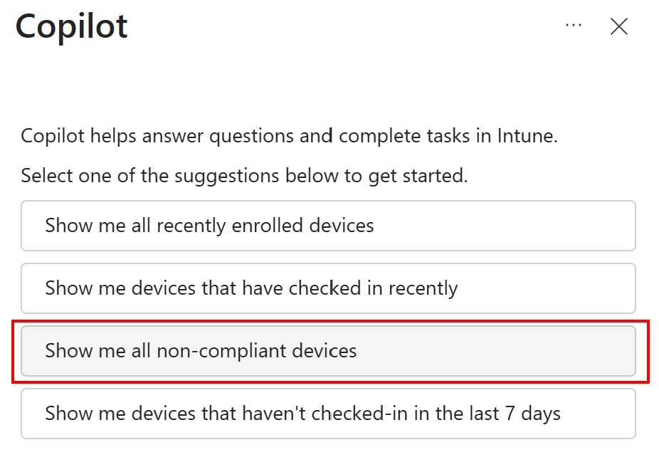 Screenshot che mostra tutti i dispositivi non conformi in un prompt copilot nell'interfaccia di amministrazione di Microsoft Intune o Intune.