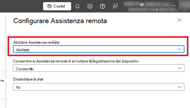 Screenshot della schermata di amministrazione del tenant in cui è possibile abilitare Assistenza remota.