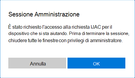 Screenshot del prompt per abilitare il supporto dell'elevazione dei privilegi durante una sessione della Guida remota in Windows.