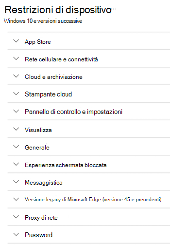 Impostazioni delle restrizioni del dispositivo per i dispositivi Windows in Microsoft Intune.