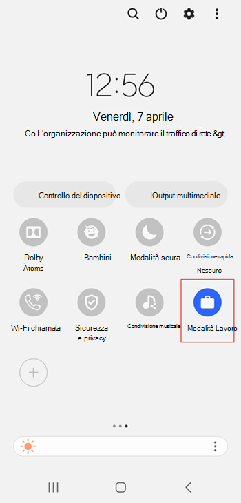 Screenshot dell'icona del profilo di lavoro attivato nelle impostazioni rapide di Samsung Galaxy S20.