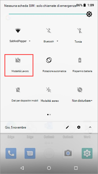 Screenshot dell'icona della modalità di lavoro inattiva nelle impostazioni rapide di Nexus 5X.