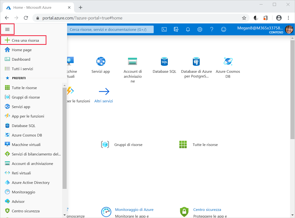 Screenshot of Azure portal menu and Create a resource option.