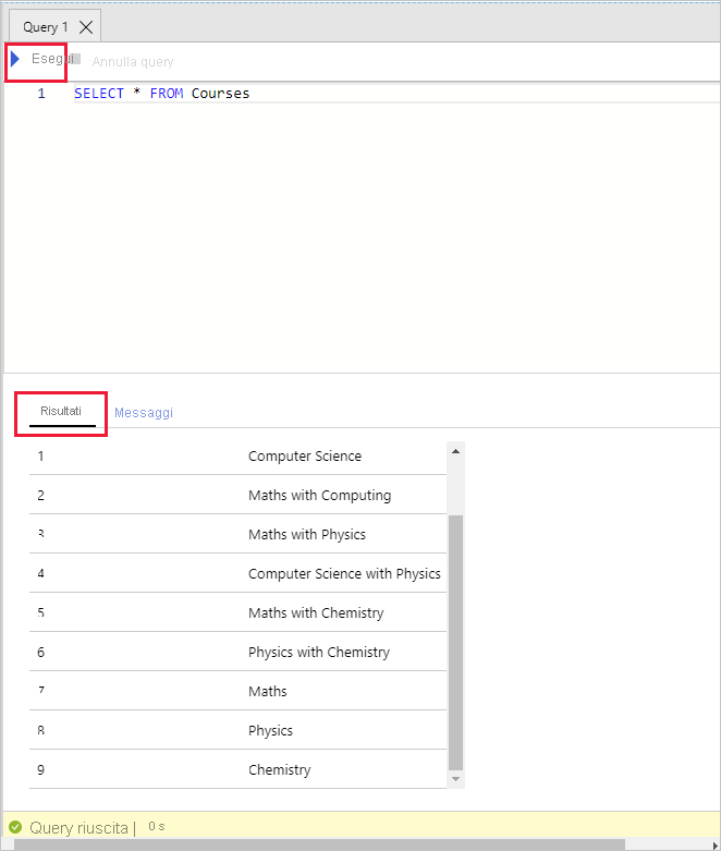 Screenshot of the query editor in the Azure portal, showing the data retrieved from the Courses table.