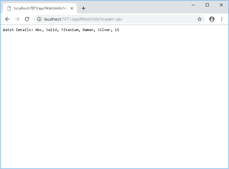 Screenshot di un Web browser in cui viene attivata la funzione di Azure WatchInfo. La funzione restituisce i dati fittizi per il modello specificato nella stringa di query dell'URL fornito.