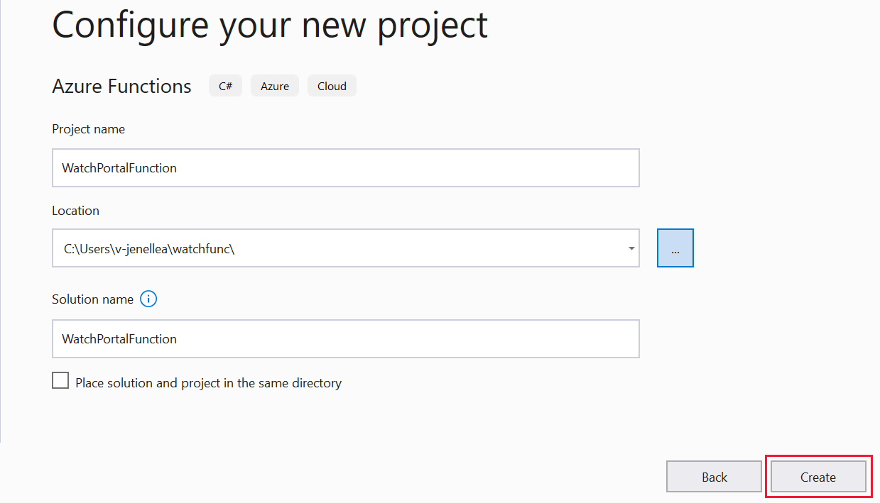 Screenshot della pagina Configura il nuovo progetto con l'opzione Crea evidenziata.