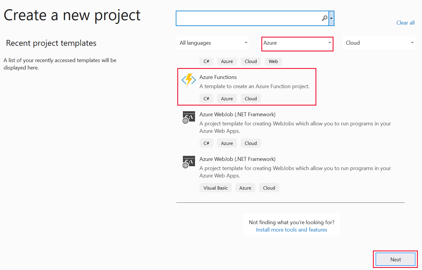 Screenshot della pagina Crea un nuovo progetto di Visual Studio 2022 con il modello di Funzioni di Azure evidenziato.