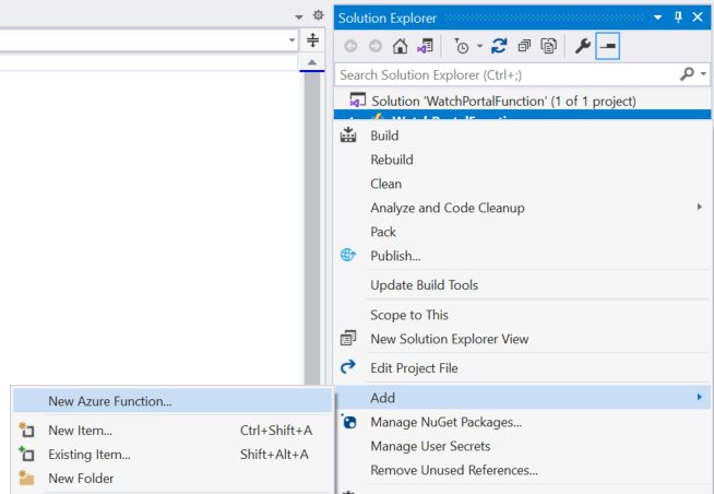 Screenshot della finestra Esplora soluzioni. L'utente ha selezionato Aggiungi -> Nuova funzione di Azure.