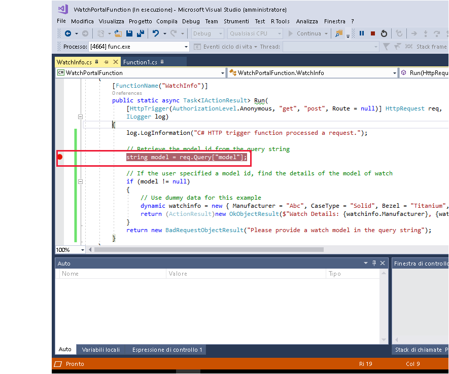 Screenshot di Visual Studio che mostra un punto di interruzione nell'istruzione che legge il modello dalla stringa di query.