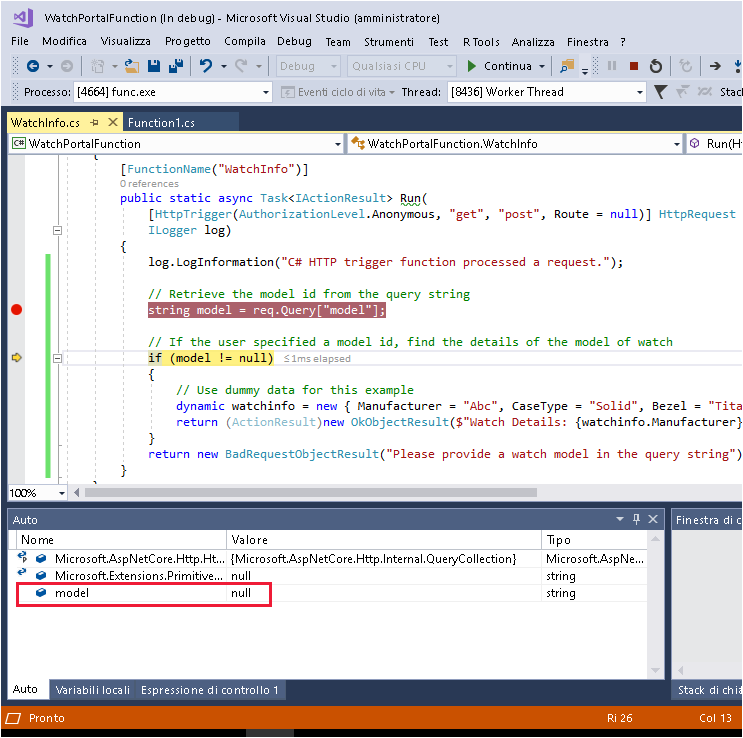 Screenshot del debugger di Visual Studio che mostra il valore della variabile del modello.