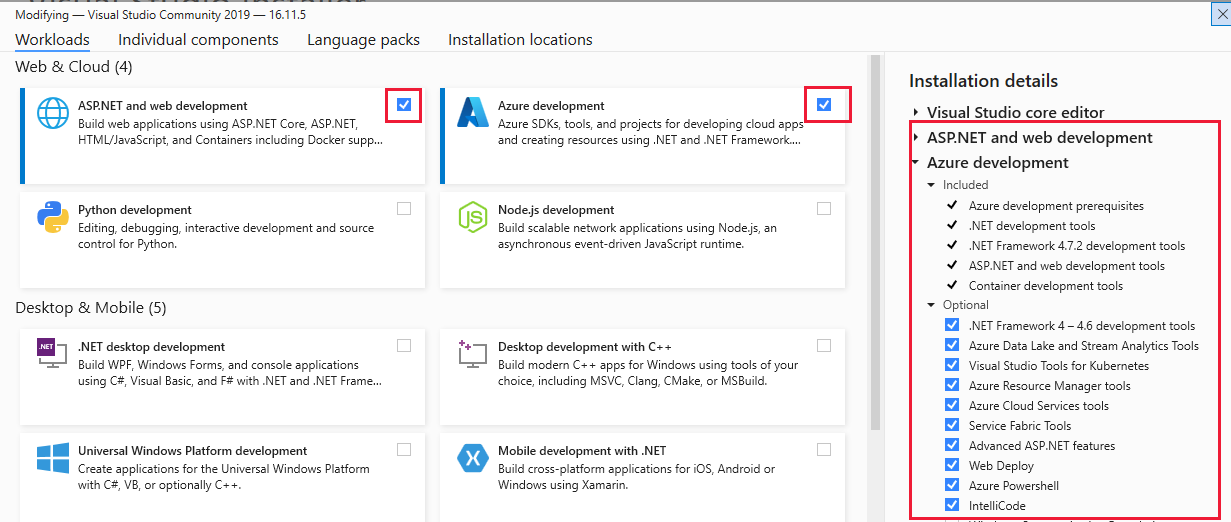 Screenshot di Visual Studio 2022 con i carichi di lavoro di sviluppo di Azure e ASP.NET evidenziati.