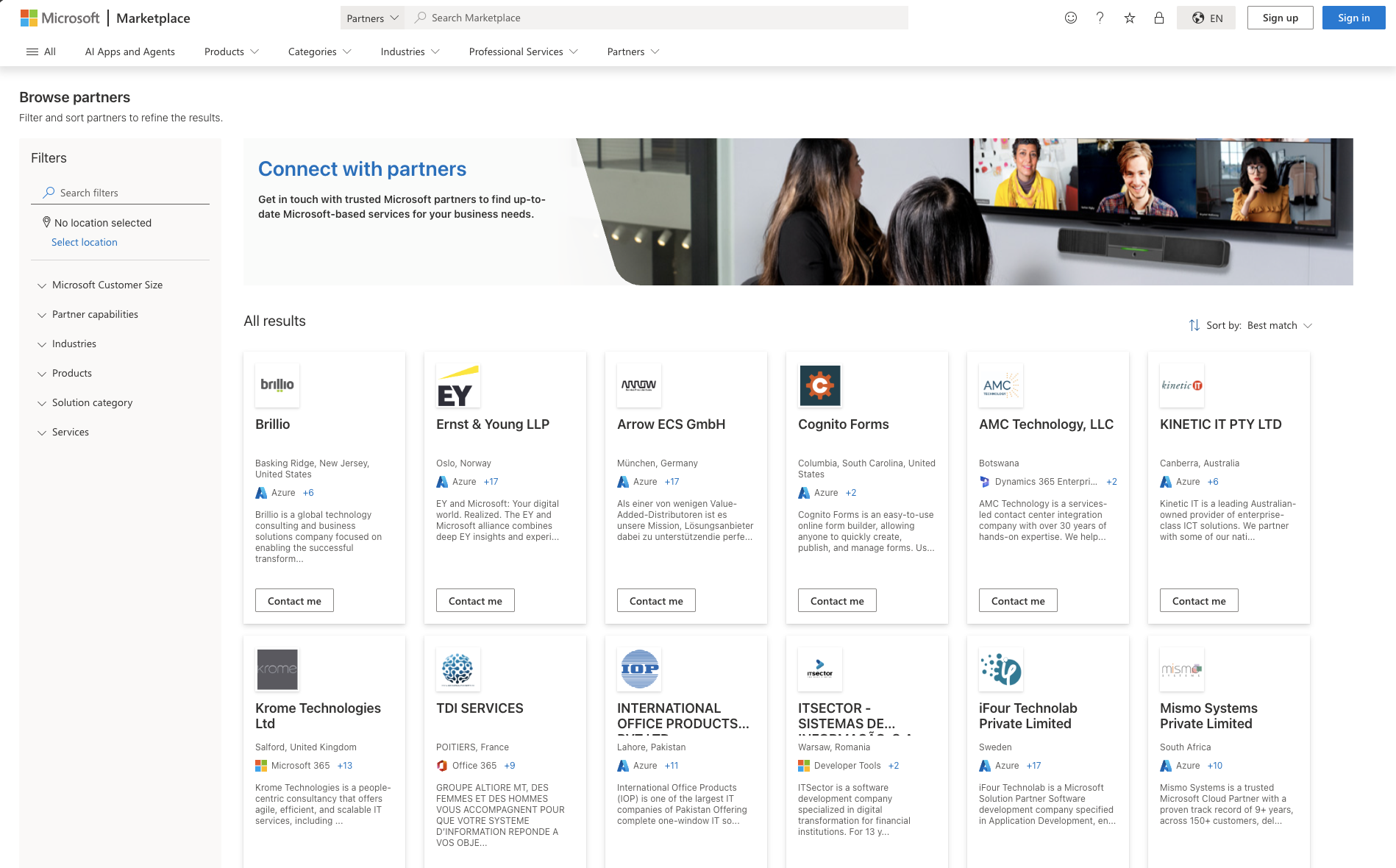 Screenshot che mostra la home page dei di Microsoft Marketplace.