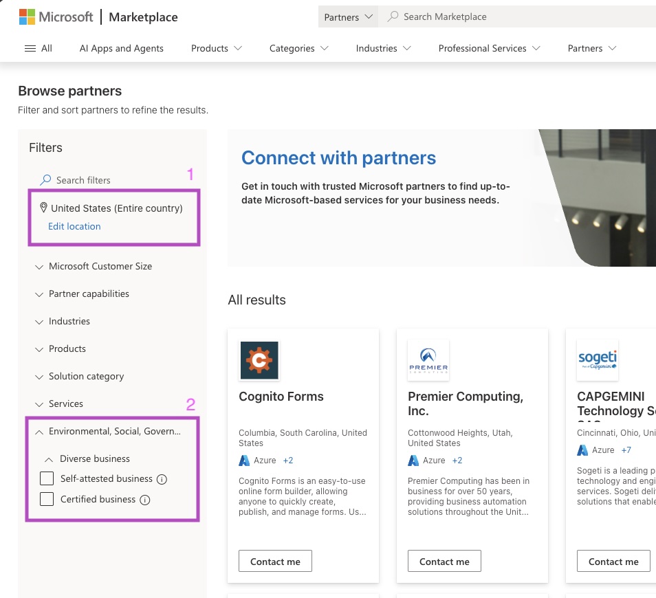 Screenshot che mostra la posizione dei di Microsoft Marketplace.