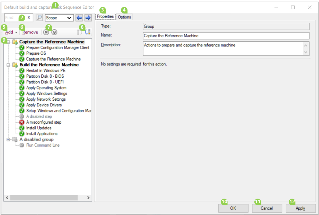 Screenshot con annotazioni della finestra dell'editor della sequenza di attività di esempio.