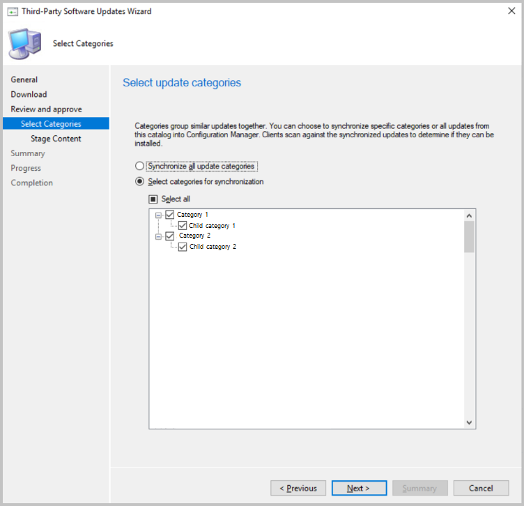 Selezionare le categorie di aggiornamento da sincronizzare in Configuration Manager