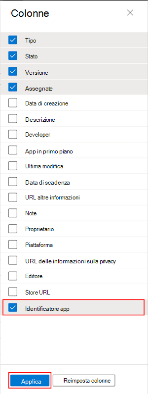 Screenshot che mostra come selezionare la colonna ID bundle dell'app in Tutte le app in Microsoft Intune e nell'interfaccia di amministrazione Intune.