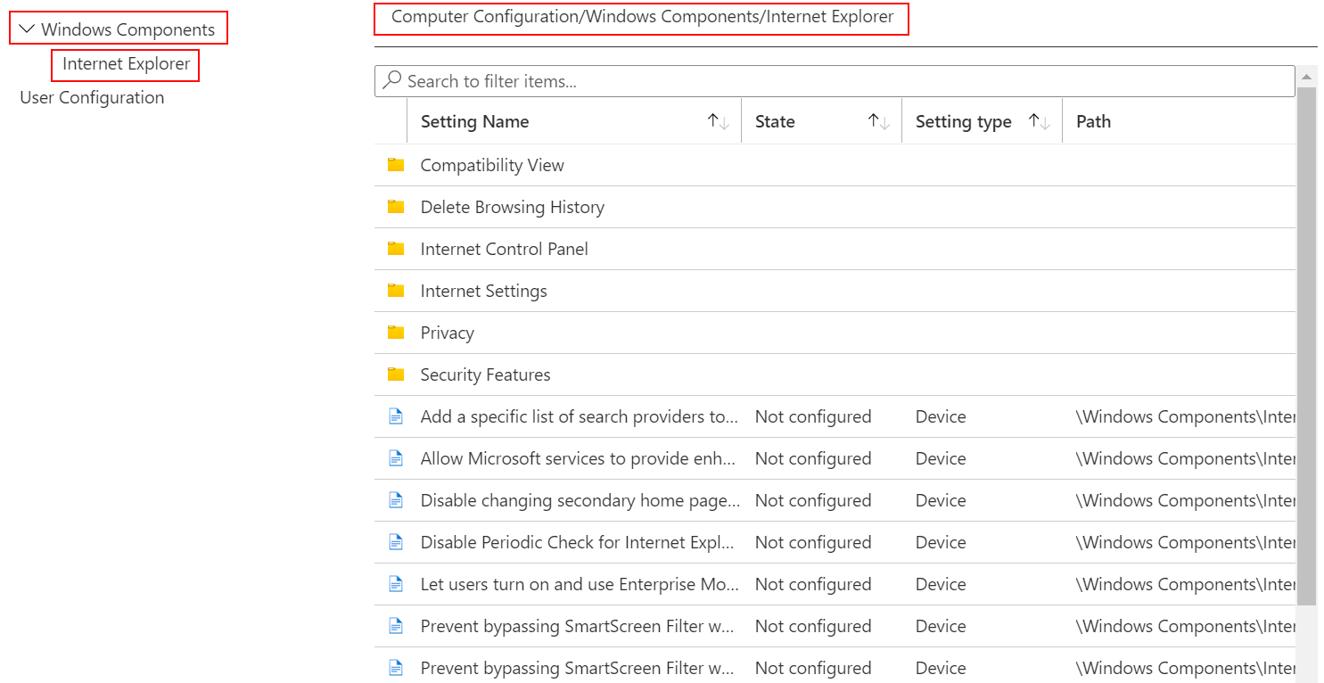 Screenshot che mostra tutte le impostazioni del dispositivo che si applicano a Internet Explorer in Microsoft Intune e Intune'interfaccia di amministrazione