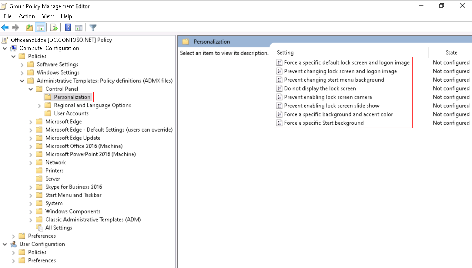 Screenshot che mostra come espandere Configurazione computer in Criteri di gruppo Management Editor locale e passare a Personalizzazione.