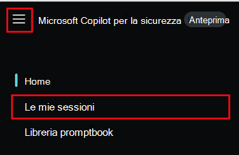 Screenshot che mostra il menu Microsoft Copilot per la sicurezza e Sessioni personali con sessioni precedenti nel portale di Copilot per la sicurezza.