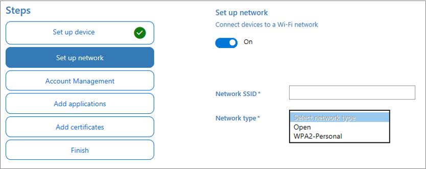 Screenshot dell'abilitazione di Wi-Fi incluse le opzioni SSID di rete e Tipo di rete nell'app Configurazione di Windows Designer