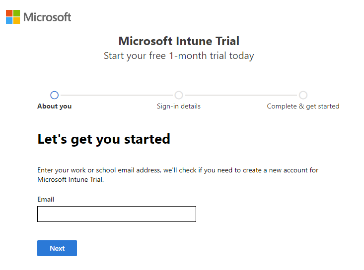 Screenshot della pagina di configurazione dell'account di Microsoft Intune - Immettere il messaggio di posta elettronica