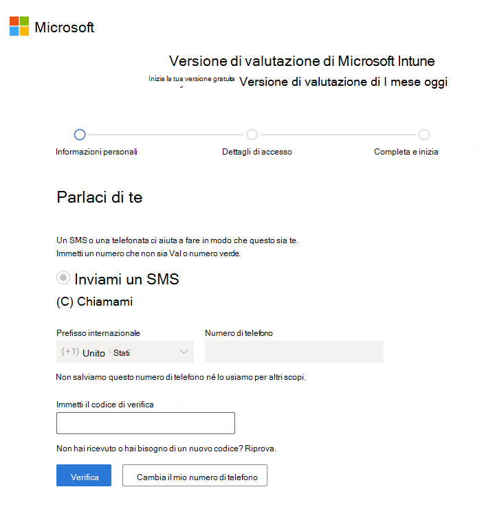 Screenshot della pagina Configura l'account di Microsoft Intune: verifica codice