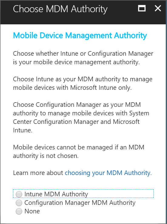 Screenshot della schermata Intune impostare l'autorità di gestione dei dispositivi mobili