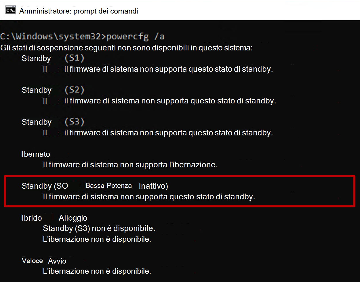 Screenshot del prompt dei comandi che mostra l'output del comando powercfg con stato Standby S0 non disponibile.