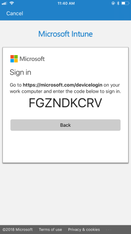 Vengono fornite istruzioni per passare alla https://microsoft.com/devicelogin pagina, con un passcode univoco, dal computer di lavoro, quindi per usare il codice per accedere.