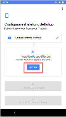 Immagine di esempio della schermata Configura il telefono aziendale, evidenziando il pulsante Installa.