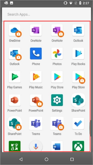 Screenshot delle app di lavoro e delle app personali insieme nel pannello dell'app Nexus 5X.