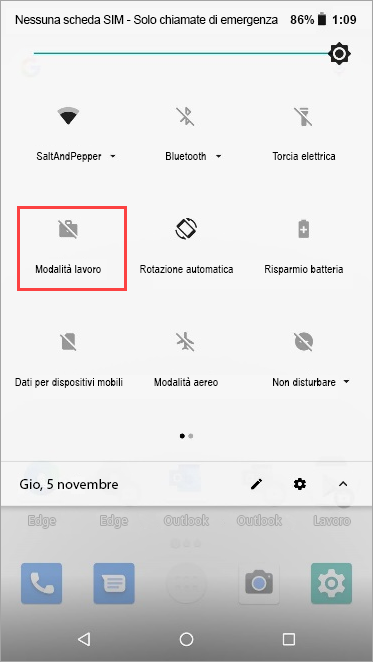 Screenshot dell'icona della modalità di lavoro inattiva nelle impostazioni rapide di Nexus 5X.