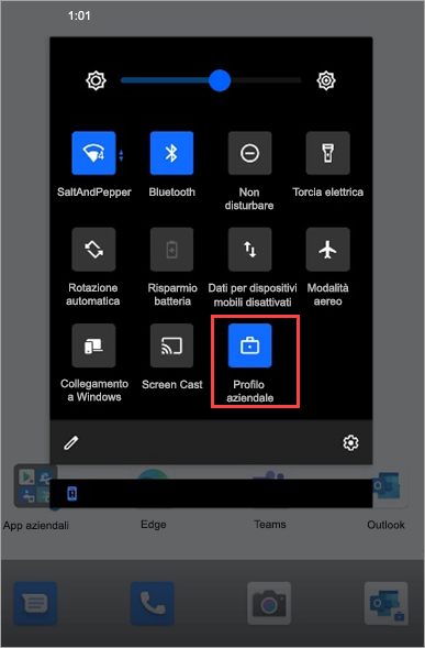 Screenshot dell'icona del profilo di lavoro attivato nelle impostazioni rapide di Surface Duo.