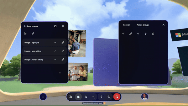 Gif che mostra un avatar nell'app Mesh che sceglie i controlli per gli oggetti che vogliono essere nel gruppo di azioni.