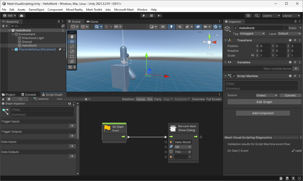 Screenshot dell'editor di Unity con la scena di script visivi mesh Hello World aperta.