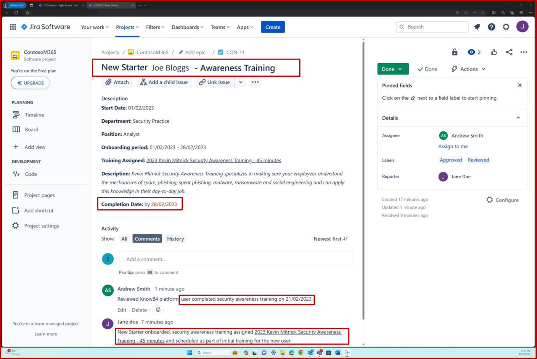 Ticket Jira per la richiesta di nuovi dipendenti per la formazione sulla consapevolezza con la data di completamento evidenziata