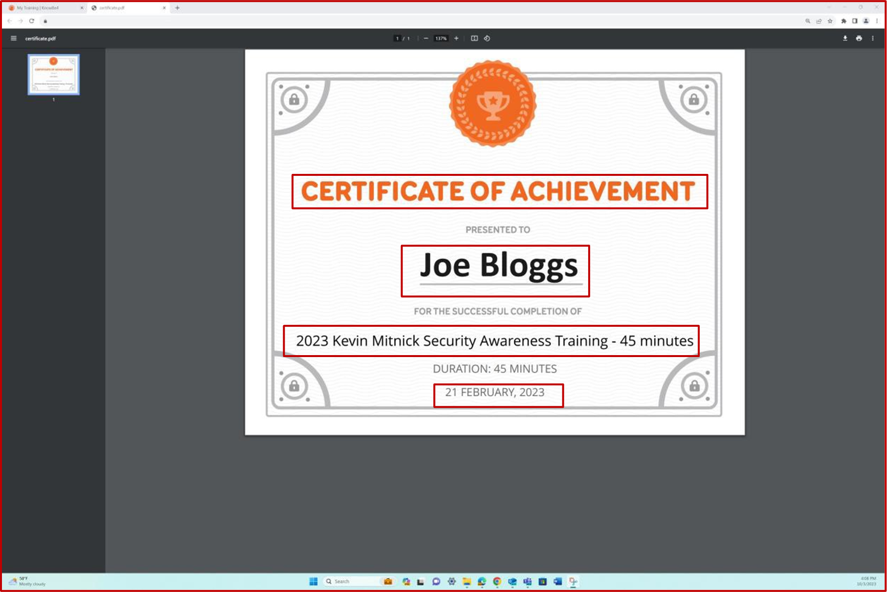 Certificato di raggiungimento per il completamento della formazione presentato a Joe Bloggs