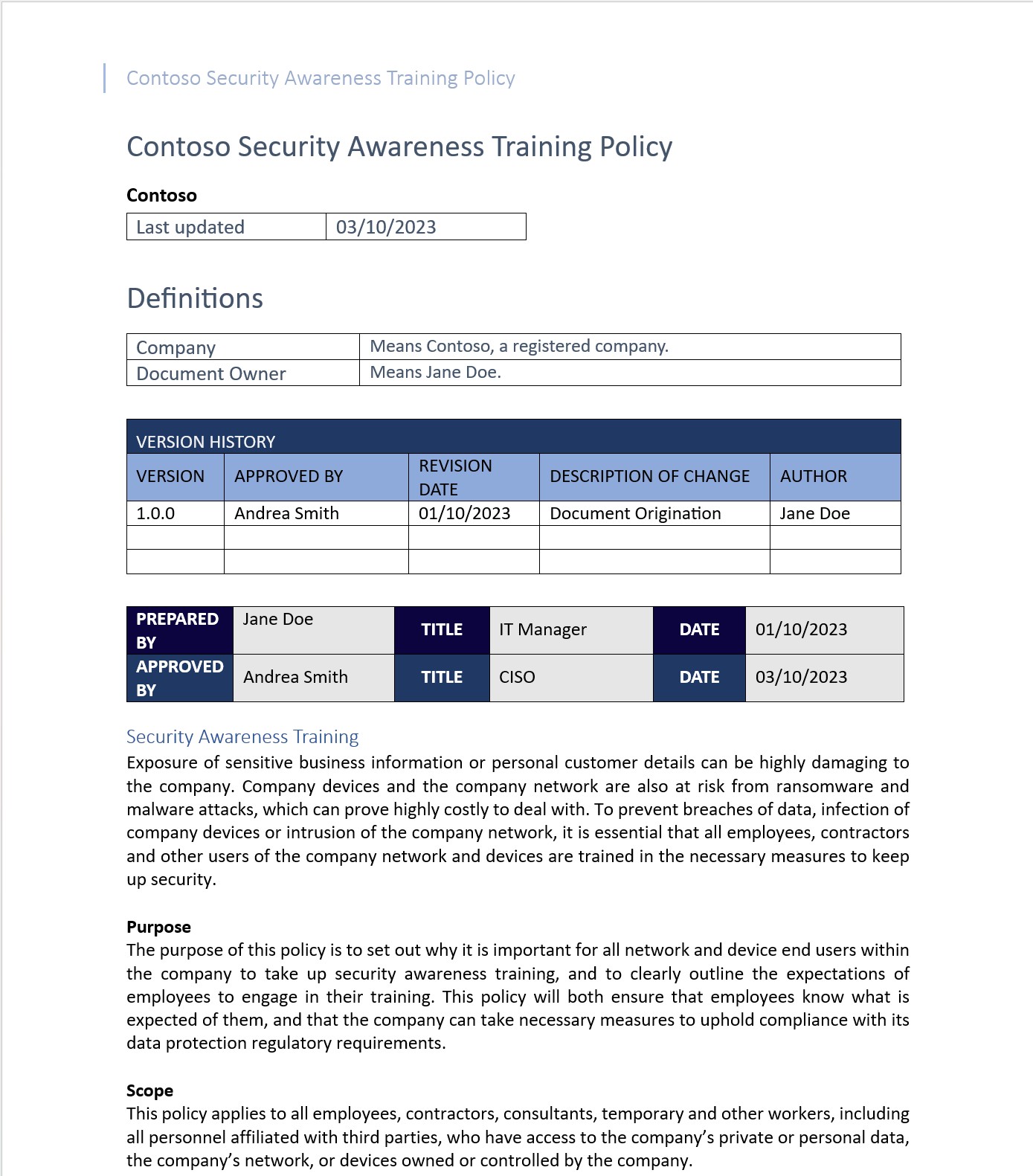 Intestazione dei criteri di formazione sulla consapevolezza della sicurezza di Contoso con definizioni, cronologia delle versioni e panoramica del training.