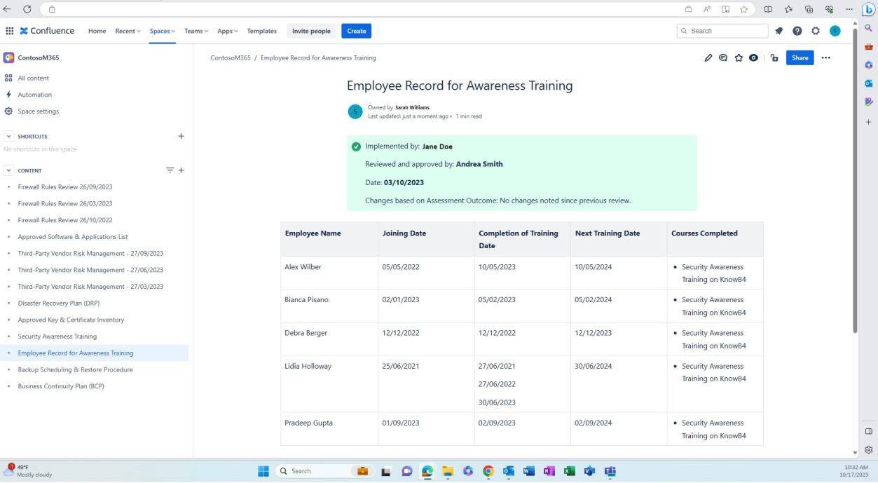 Record di training cronologico per utente in Confluence con nomi, date e stato di completamento.