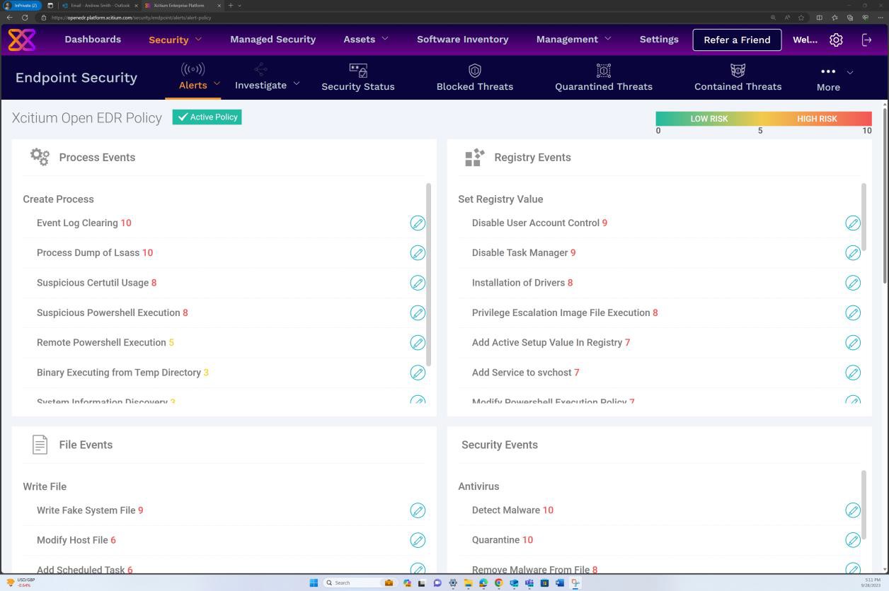 Impostazioni degli avvisi dei criteri Xcitium Open EDR per eventi di processo, eventi del Registro di sistema, eventi di file ed eventi di sicurezza.