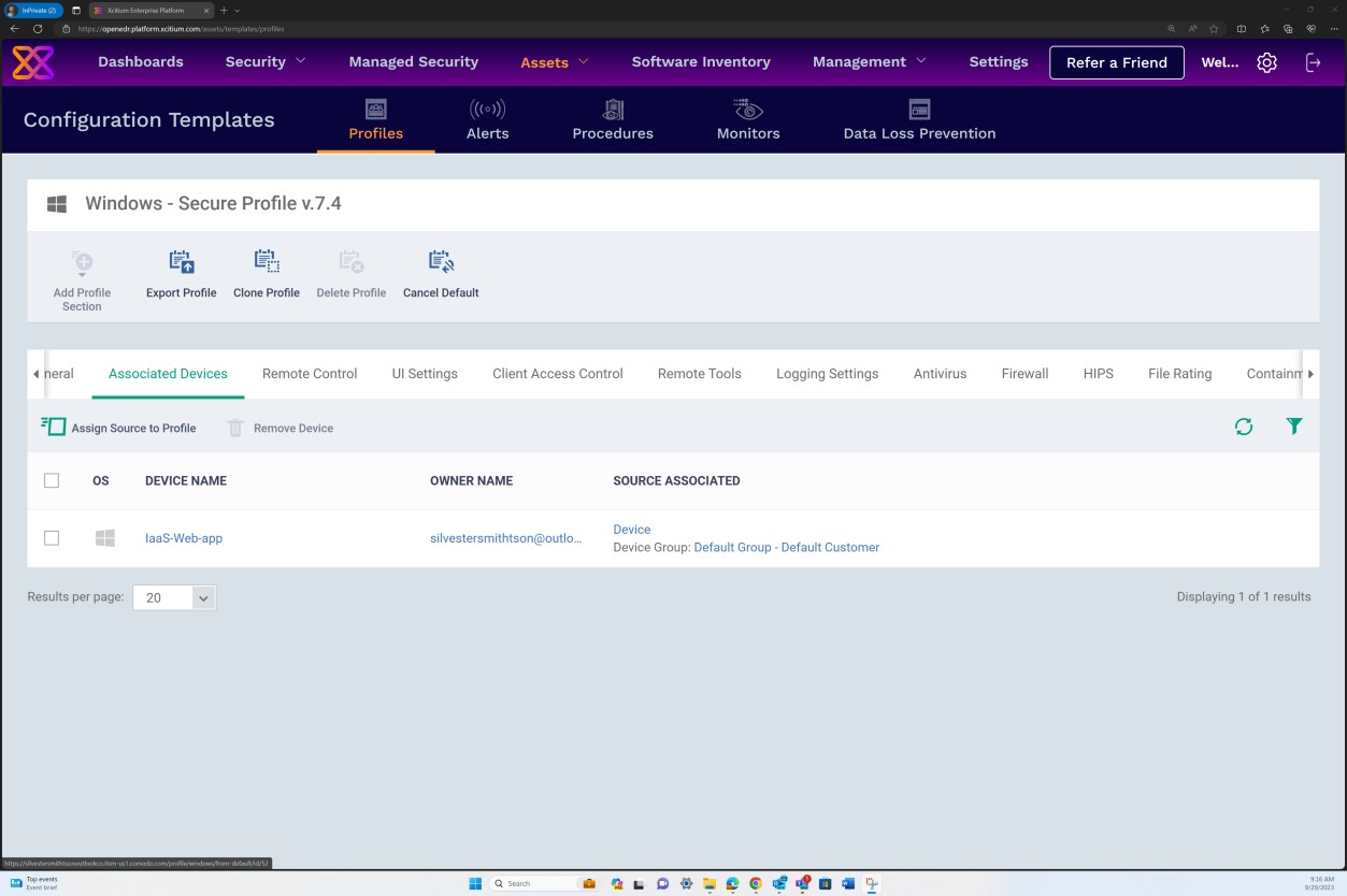 Profilo sicuro di Windows con l'elenco di dispositivi associato. App Web IaaS con nome proprietario e origine associati.