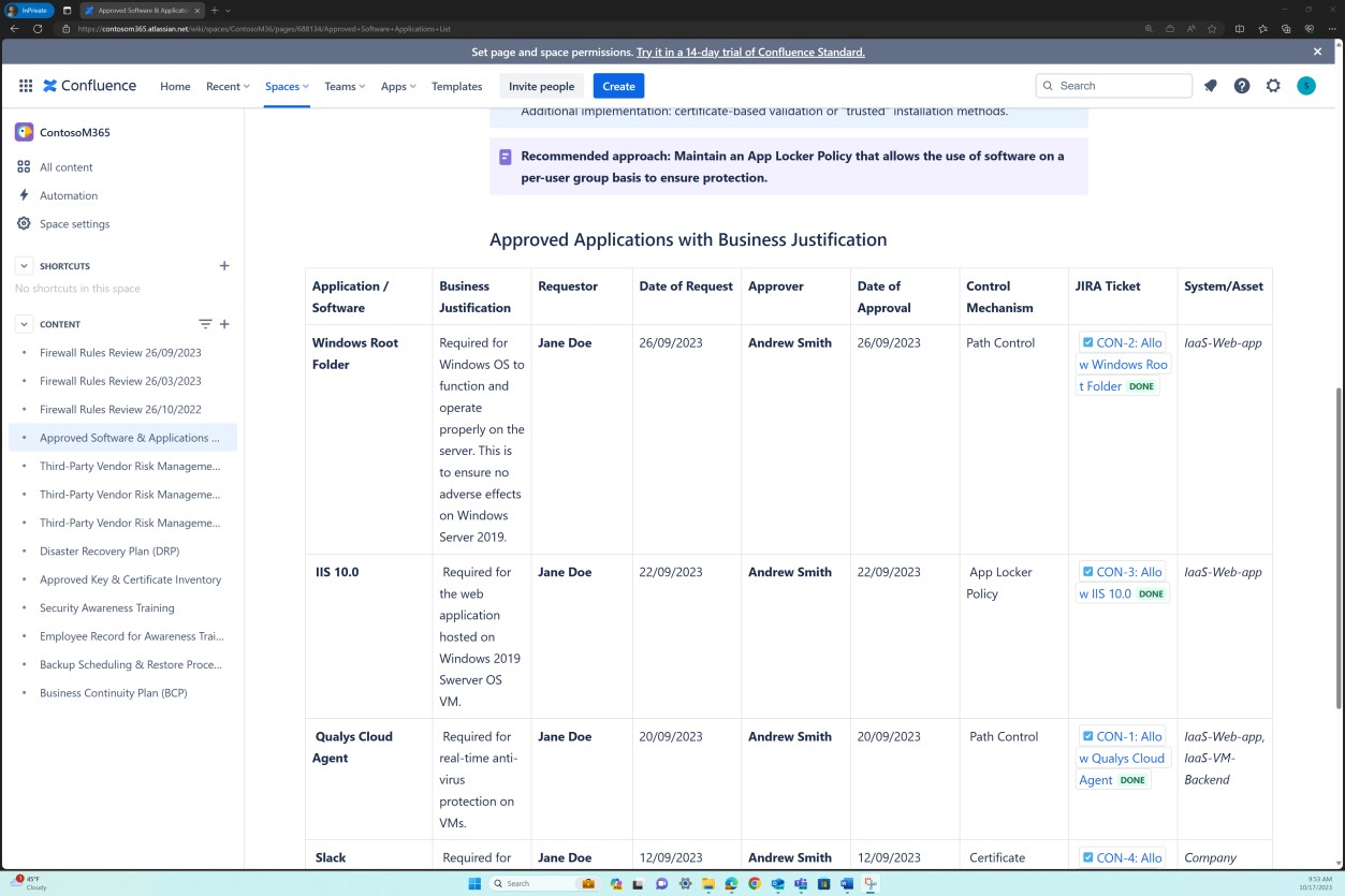 Dashboard che mostra i dettagli per il software approvato e le applicazioni pagina 1.