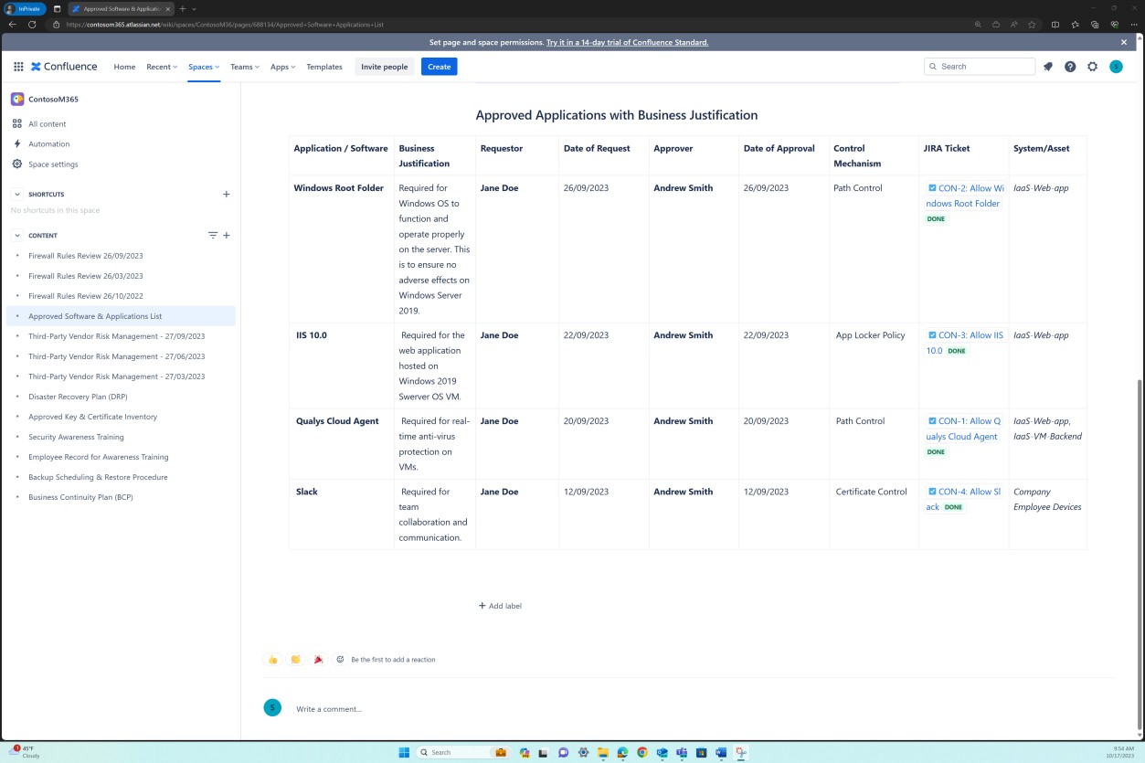 Dashboard che mostra i dettagli per il software approvato e le applicazioni pagina 2 con giustificazione aziendale.