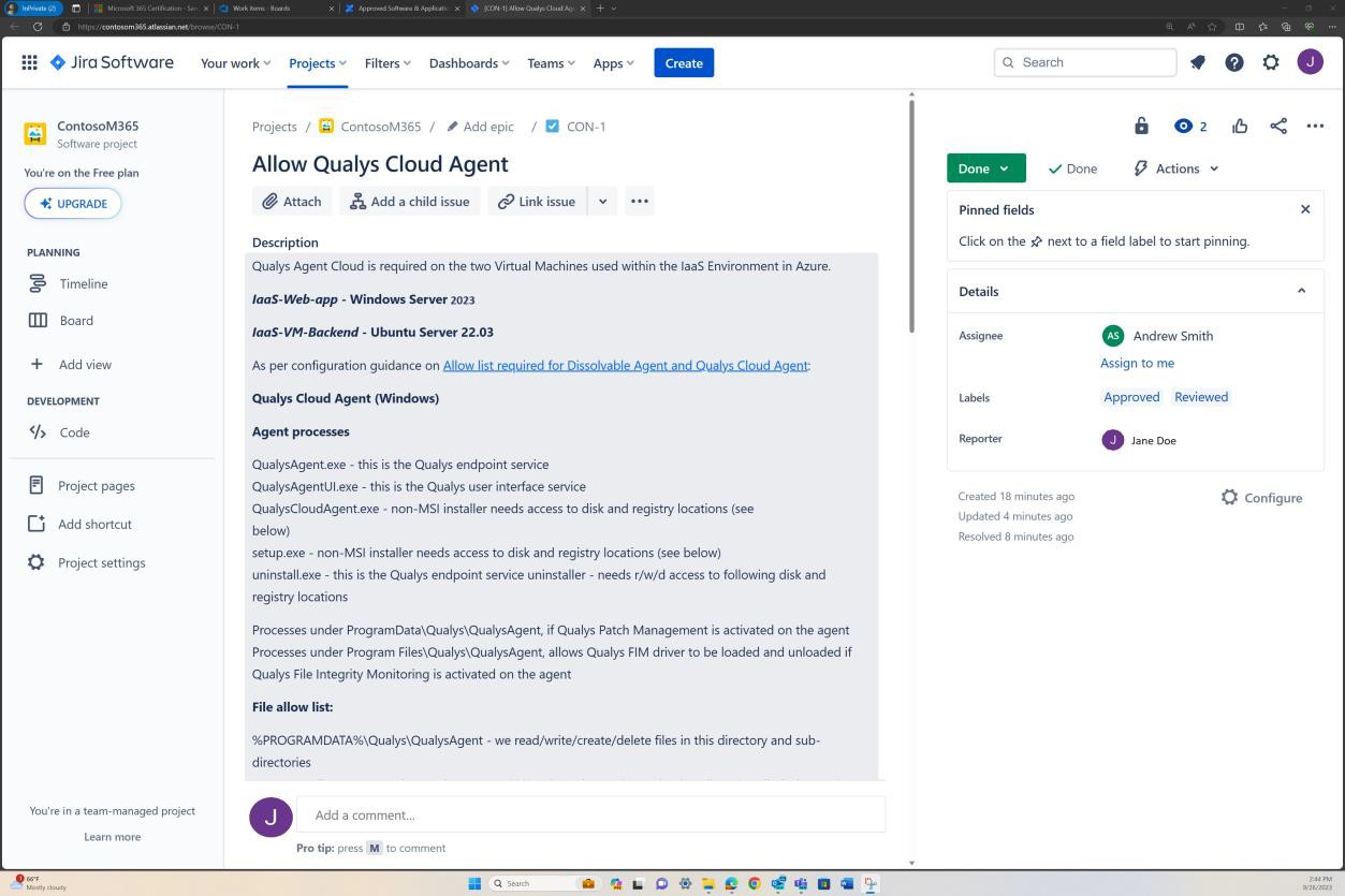 Dashboard di Jira che elenca un processo di approvazione completo.